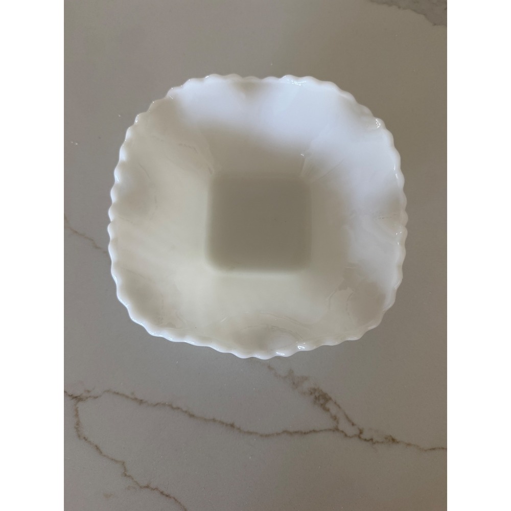 Vintage White Milk Glass Hobnail Square Bowl Scalloped Ruffled Edge 5.5 Inch